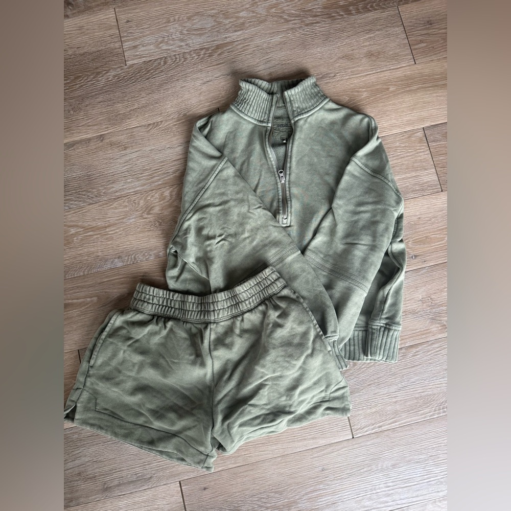 aerie Olive Green Half-Zip Sweatshirt & Shorts Set